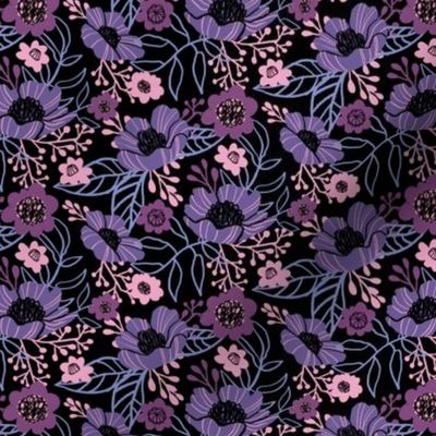 Hellebores and Cosmos in Purple on Black