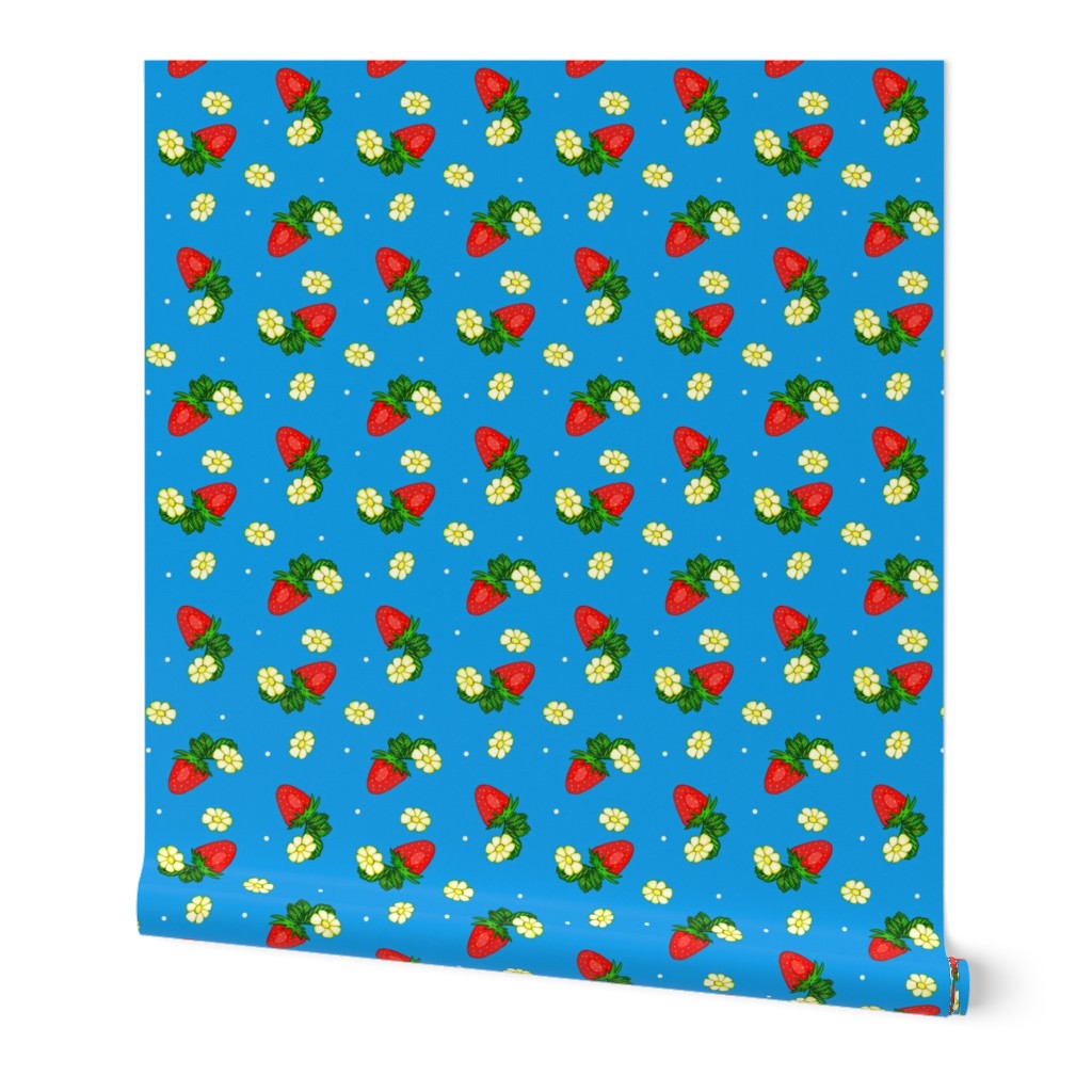 Vintage Strawberry Clusters-Flowers and Dots on Blue   