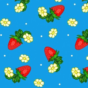Vintage Strawberry Clusters-Flowers and Dots on Blue   