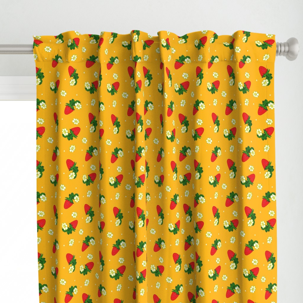 Vintage Strawberry Clusters-Flowers and Dots on cheddar yellow  