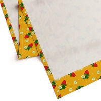 Vintage Strawberry Clusters-Flowers and Dots on cheddar yellow  