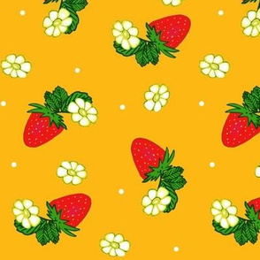 Vintage Strawberry Clusters-Flowers and Dots on cheddar yellow  