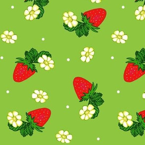 Vintage Strawberry Clusters-Flowers and Dots on Green  
