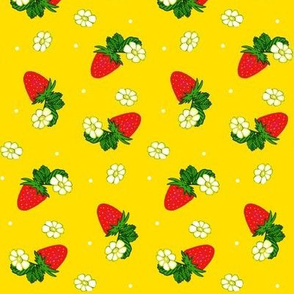 Vintage Strawberry Clusters-Flowers and Dots on Yellow  med/small  
