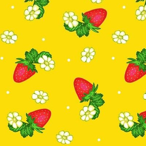 Vintage Strawberry Clusters-Flowers and Dots on Yellow 