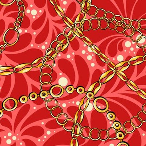 Red Chains on damask flat vector seamless pattern