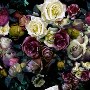 Roses Peony Moody Floral on black, romantic dramatic wallpaper, home decor,  vintage