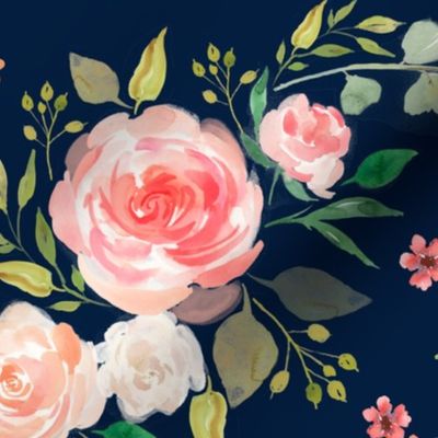 Watercolor Floral (navy) Peach Blush Pink Blooms