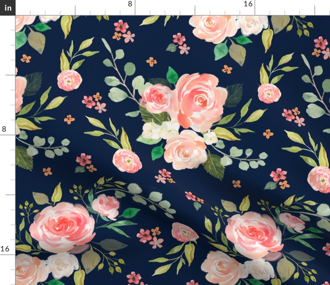 Watercolor Floral (navy) Peach Blush Pink Blooms