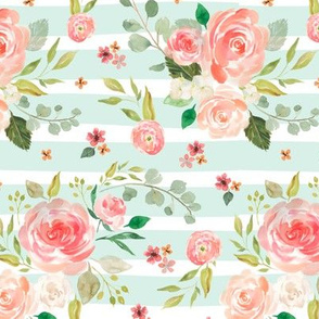 Watercolor Floral (soft mint stripe) Peach Blush Pink Blooms, SMALLER scale
