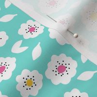 Small Freckled Flowers – aloha blue background, bubblegum and aspen gold center + black dots