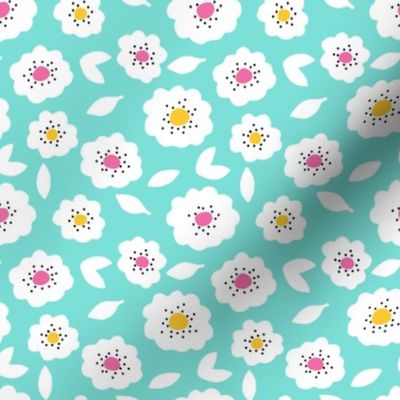 Small Freckled Flowers – aloha blue background, bubblegum and aspen gold center + black dots