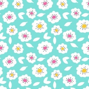 Small Freckled Flowers – aloha blue background, bubblegum and aspen gold center + black dots