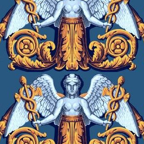 angels wings baroque rococo flowers floral leaves leaf Victorian harp music acanthus flourish swirls goddess roman greek statues dark blue gold grey yellow 