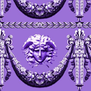 medusa head portrait filigree baroque rococo festoon wreath garland swags flowers floral leaves leaf Victorian purple monochrome flourish pillars ribbons   inspired 