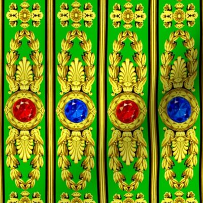 baroque rococo Victorian jewels gemstones gems ruby sapphire medallions round leaves leaf flowers floral acanthus gold yellow red blue green palmette greek roman vertical bars precious stones crystals laurel wreath