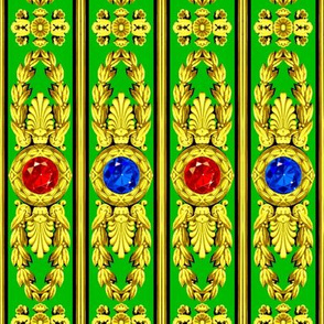 baroque rococo Victorian jewels gemstones gems ruby sapphire medallions round leaves leaf flowers floral acanthus gold yellow red blue green palmette greek roman vertical bars precious stones crystals laurel wreath