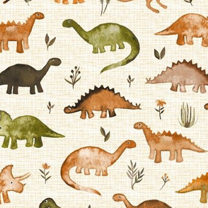 Little Mustard & Olive Green Dinos on textured cream