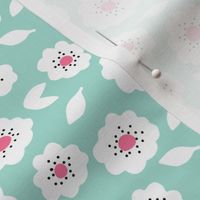 Small Freckled Flowers – mint background, bright pink center + black dots
