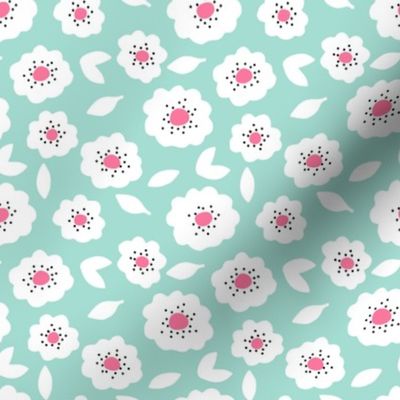 Small Freckled Flowers – mint background, bright pink center + black dots