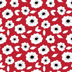 Small Freckled Flowers - red background, black center + dots