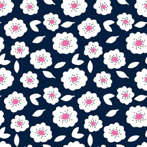 Small Freckled Flowers – navy background, bubblegum pink center + black dots