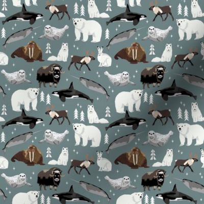 SMALL - arctic animals narwhal polar bear seal whale nature kids nursery fabric medium green/grey