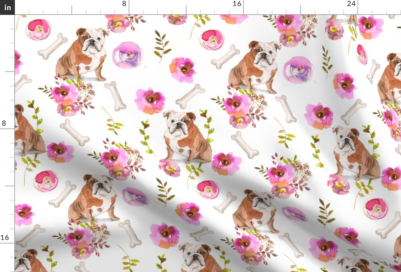 10" bulldog dog summer flower fabric, bulldog fabric, animal fabric 