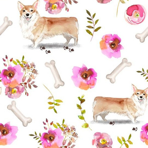 10" Pembroke Welsh Corgi dog summer flower fabric, corgi fabric, animal fabric 