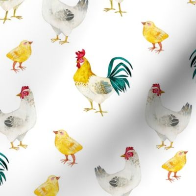 10" Nursery Farm Animals Chicken and cock on white, animals fabric, farm fabric 