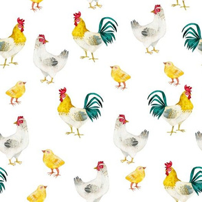 10" Nursery Farm Animals Chicken and cock on white, animals fabric, farm fabric 