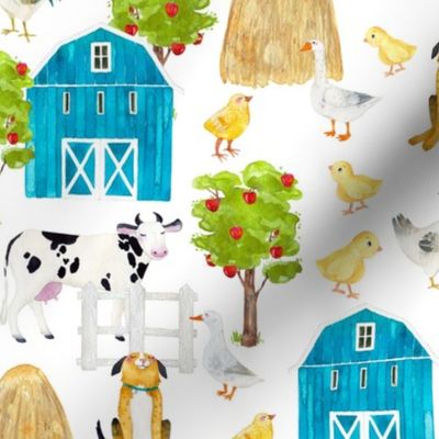 10" Nursery Farm Animals on white, animals fabric, farm fabric 