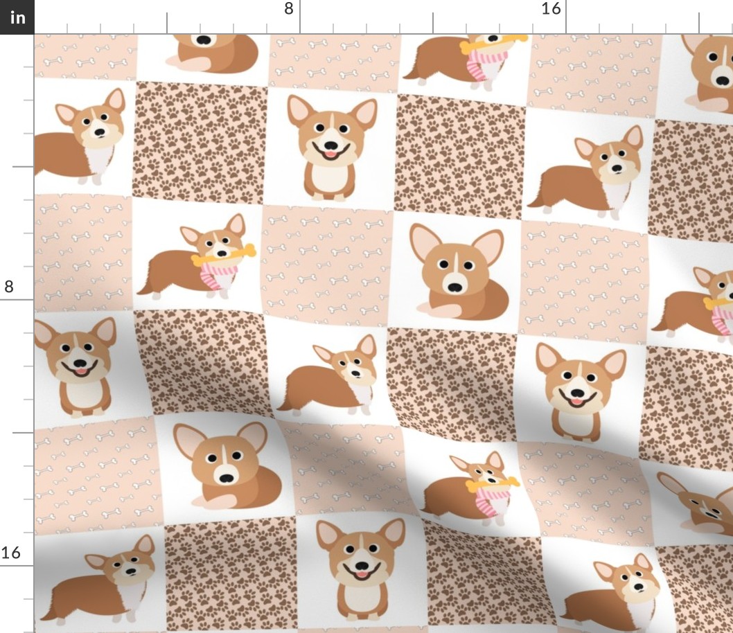 14" corgi dog cheater quilt - cheater fabric, dog quilt, corgi fabric, dog, girls dog quilt, pet design - peach