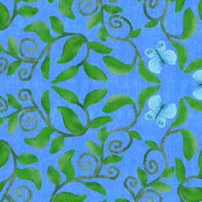 Retro Green Vines with Blue Butterflies on Blue