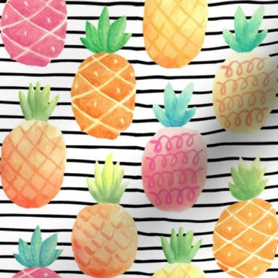 Watercolor Pineapples - black + white stripes