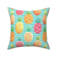 Watercolor Pineapples (aloha blue stripe) LARGER scale