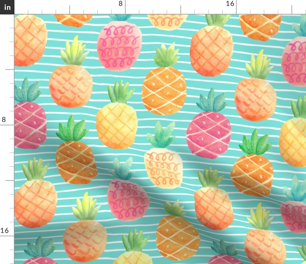 Watercolor Pineapples (aloha blue stripe) LARGER scale