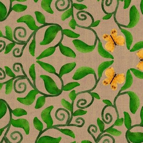 Retro Green Vines and Orange Butterflies on Beige