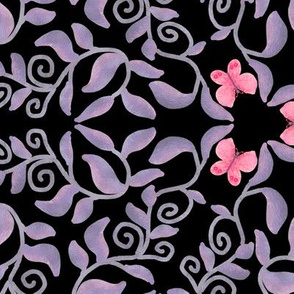 Retro Lavender Vines with Pink Butterflies on Black