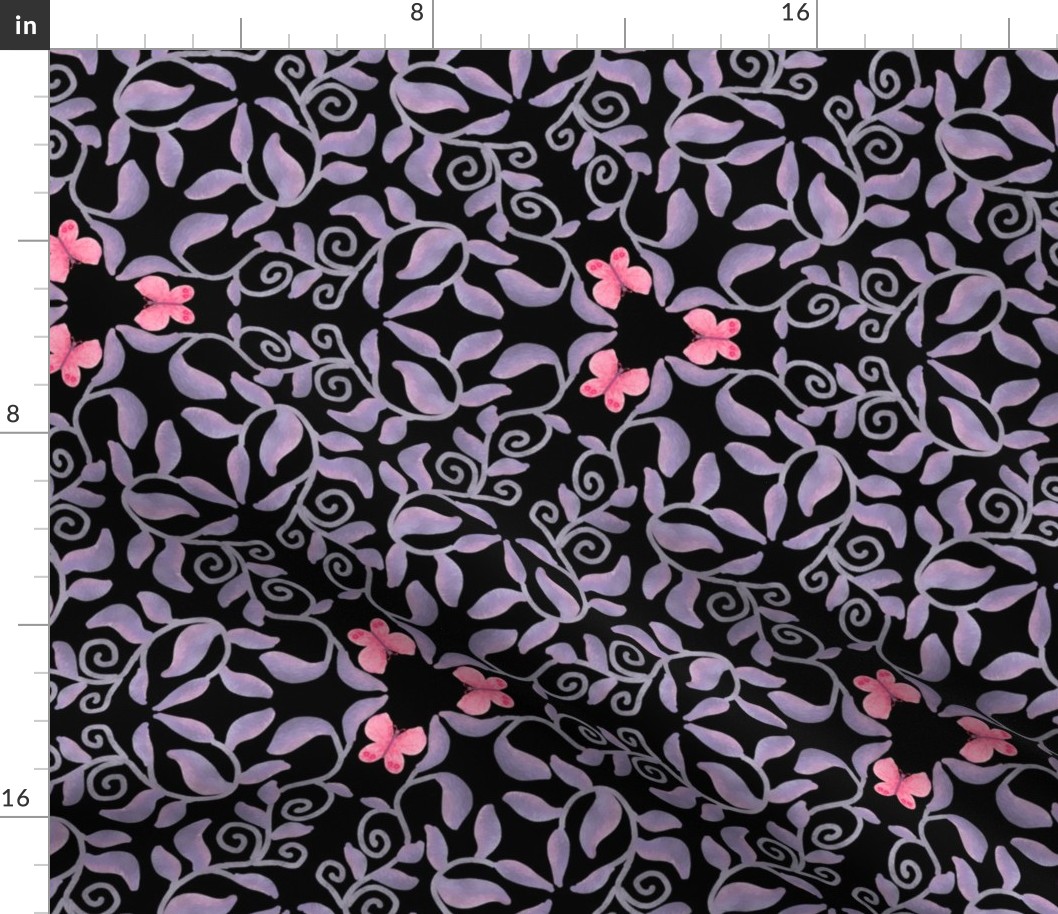 Retro Lavender Vines with Pink Butterflies on Black