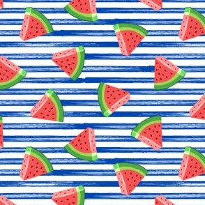 (small scale)  watermelons (red on blue stripes) - summer fruit fabric - LAD19BS