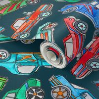 Toy Car Pile Up on Dark Teal - tiny