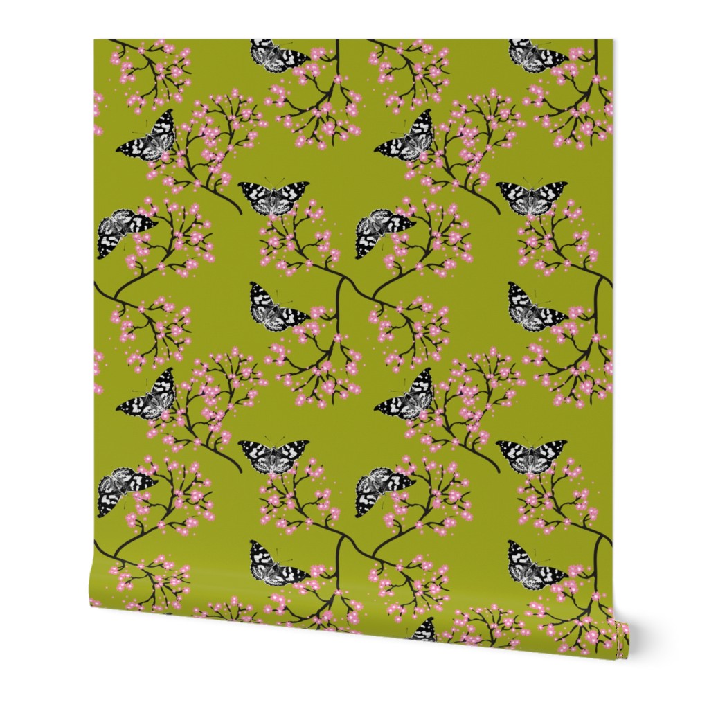 Butterflies in Spring - olive green gold 