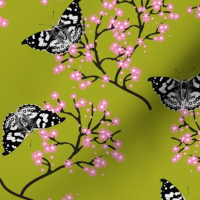 Butterflies in Spring - olive green gold 