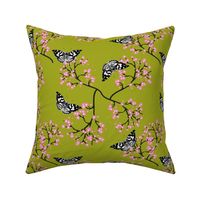 Butterflies in Spring - olive green gold 