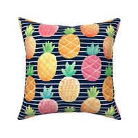 Watercolor Pineapples - navy stripes