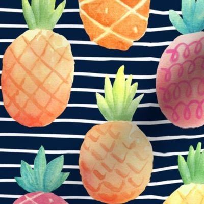 Watercolor Pineapples - navy stripes