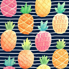 Watercolor Pineapples - navy stripes