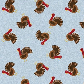 turkey toss fabric - turkey fabric, thanksgiving fabric, fall, usa, american holiday - blue