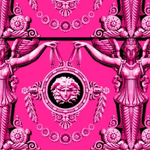 angels  medallion medusa neoclassical  head portrait baroque rococo festoon wreath garland swags flowers floral leaves leaf Victorian Fuchsia magenta purplish red acanthus flourish pillars swirls goddess roman greek statues wings   inspired  